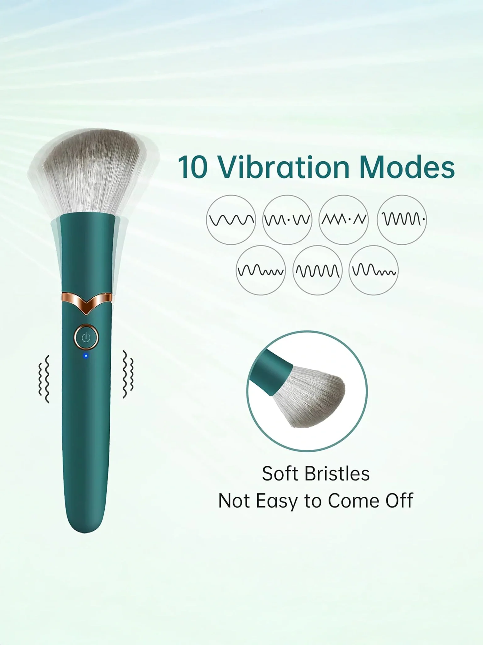 Green facial cleansing brush with soft bristles and vibration modes on a light blue background