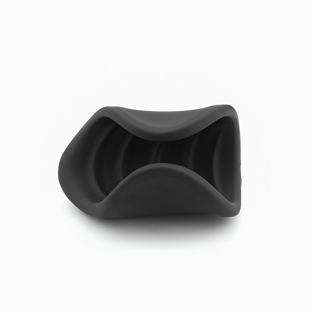 Black silicone men’s stroker with spiral textured design