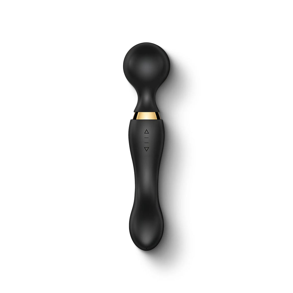 Velvotic Pulse Duo dual-intensity relaxation wand in sleek black with gold accent, designed for full-body comfort and stress relief